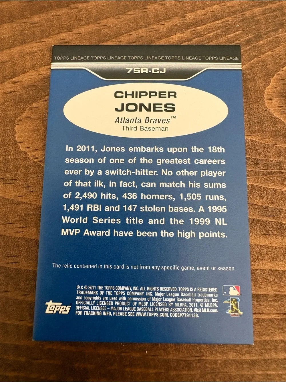 2011 Topps “MINI” Chipper Jones Game Used Jersey Baseball Card (Atlanta Braves)